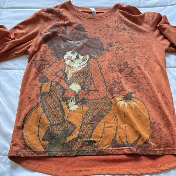 Fall Pumpkin Scarecrow Shirt Long Sleeve Orange Studded Womens Size Large Autumn - Picture 4 of 7